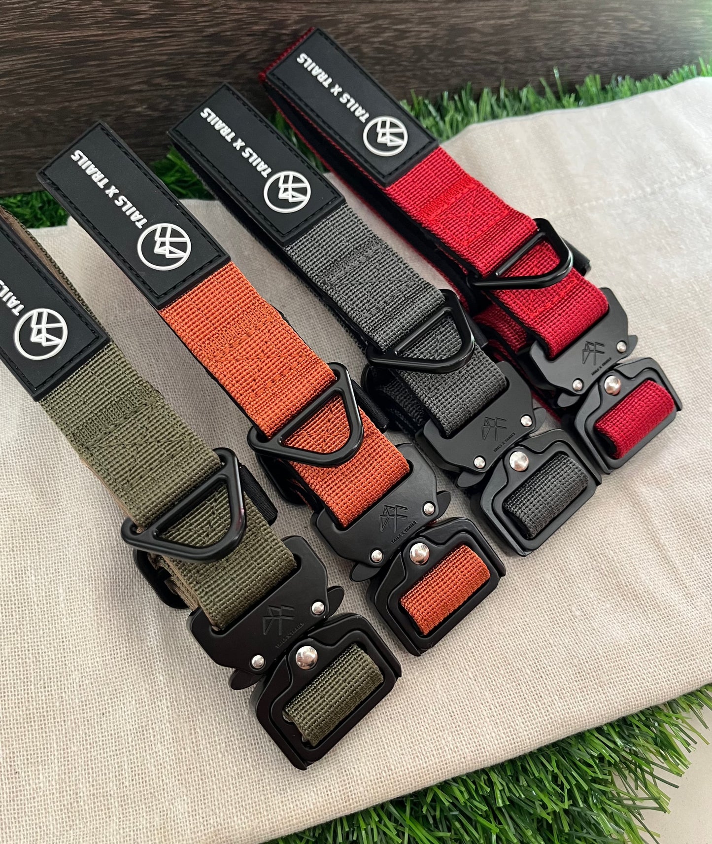 TAILS X TRAILS dog collar. L-R Green, Orange, Grey, Red